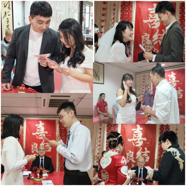 新人们陆续在注册官面前宣读结婚誓言,表达对彼此一生一世的承诺:互相尊重、彼此关心、同甘共苦、不离不弃