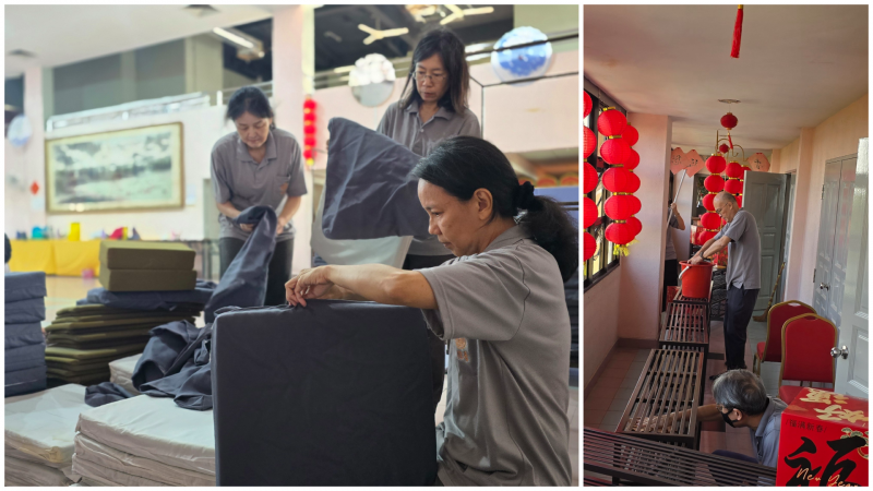 在第五楼层,义工们认真地套垫子,细致清理各处,让环境焕然一新。