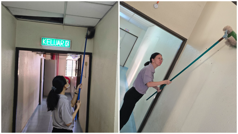 在第一楼层,义工们认真投入大扫除,细致清理各处,让环境焕然一新。